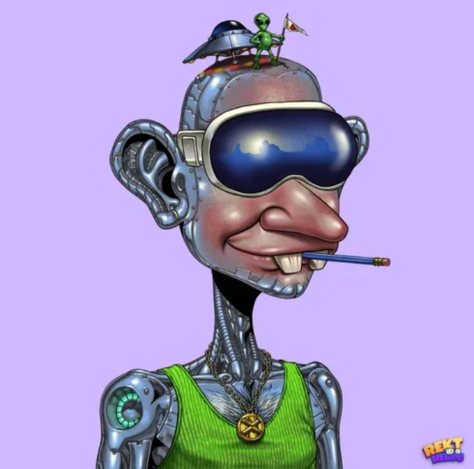 A cartoon-style digital illustration of a metallic cyborg with a green alien and UFO emerging from its head, wearing reflective ski goggles and a green tank top, credited to REKT News.