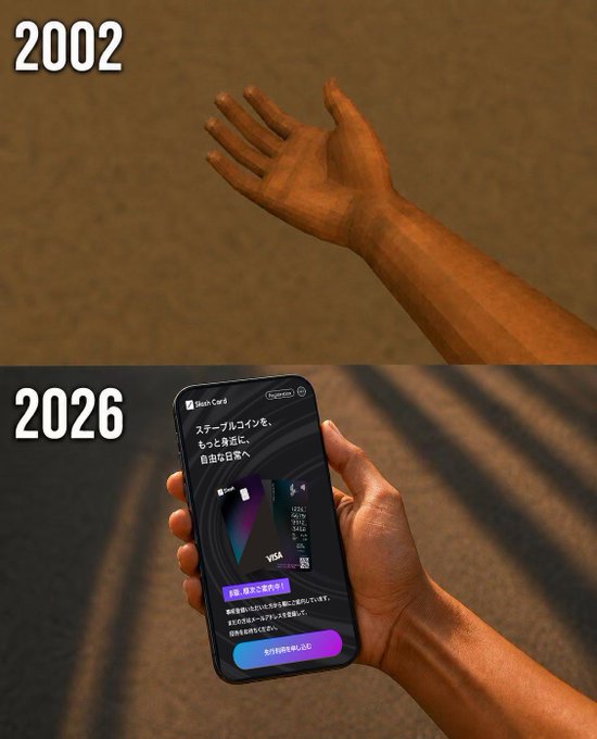 A meme comparing 2002 (an empty hand reaching out) to 2026 (the same hand holding a smartphone displaying a digital Visa credit card with Japanese text about smartphone coins).