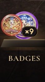A mobile game screenshot showing a 'BADGES' section with a 'x9' multiplier and two colorful badge graphics including a 'Golden Standard' design.