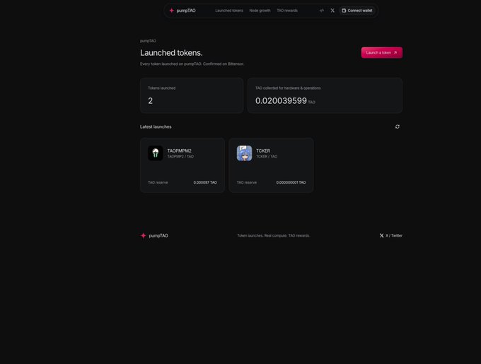 Screenshot of the pumpAO dapp interface showing a 'Launched tokens' dashboard with 2 tokens listed (TAOPAPM2 and TCKER) and TAO rewards information.
