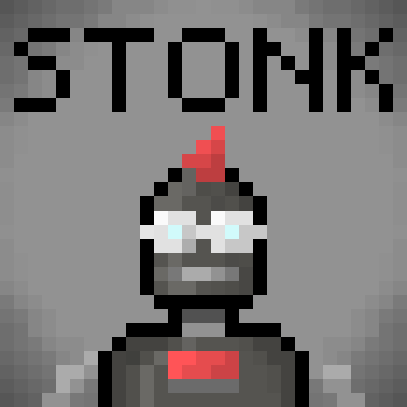 A pixel art image featuring the word "STONK" above a gray robotic character with glowing cyan eyes and a red mohawk, set against a checkered gray background. The image serves as a branded avatar or logo for the "STONKBOTS" NFT collection mentioned in the post, which humorously addresses the scarcity of the 44,444 available bots to those requesting them in DMs.