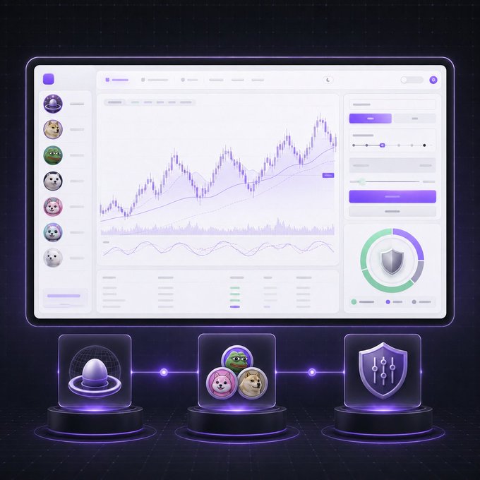 A futuristic purple-themed crypto trading dashboard display showing charts and analytics, with meme coin icons and security/shield features on pedestals below.