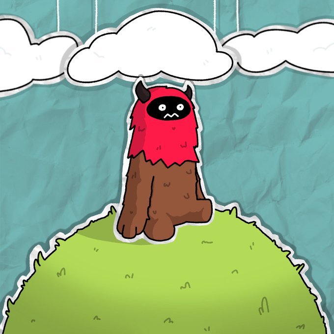 A cartoon illustration of a brown, furry creature wearing a red monster hood sitting on a green grassy hill under a cloudy sky.