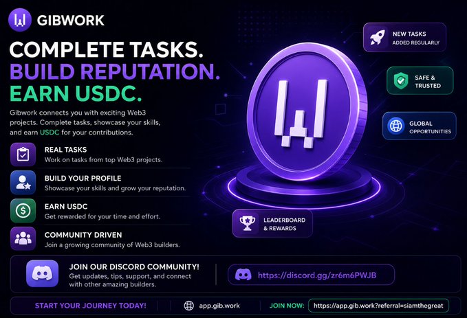 A promotional graphic for 'GIBWORK' with the tagline 'COMPLETE TASKS. BUILD REPUTATION. EARN USDC.' It highlights features like real tasks, building profiles, community, and a Discord link (https://discord.gg/zr6m6PWJB), with a large purple Gibwork coin logo.