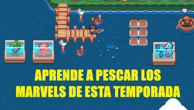 A pixel art fishing game scene with wooden docks, a fisherman, seagulls, and various fish tanks displaying a turtle, octopus, and aquatic creatures, overlaid with yellow text reading "APRENDE A PESCAR LOS MARVELS DE ESTA TEMPORADA".