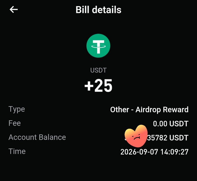 A dark-themed bill details screen shows a +25 USDT airdrop reward with a 0.00 USDT fee, an account balance of 35.782 USDT, and a timestamp of 2026-09-07 14:09:27.