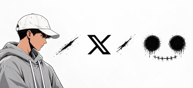 A promotional graphic showing an anime-style young man in a white cap and gray hoodie next to an X logo crossed with the black stitched smiley skull logo of 'THE HOLLOW ONES'.