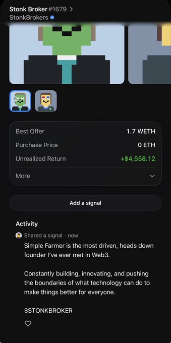 A mobile app screenshot shows an NFT listing for 'Stonk Broker #1679' by StonkBrokers with a Best Offer of 1.7 WETH, Purchase Price of 0 ETH, and an Unrealized Return of +$4,558.12.
