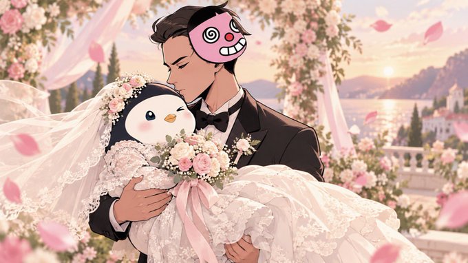 **Image 3:** An anime-style illustration depicts a groom in a black tuxedo holding a penguin in a wedding dress and veil, with a pink donut-like mask partially obscuring his face. The scene is set against a romantic sunset backdrop with pink flowers and a coastal view.