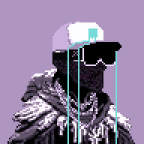 Pixel art character with white/cyan hair, black sunglasses with cyan tears streaming down, wearing a dark feathered cloak against a purple background.