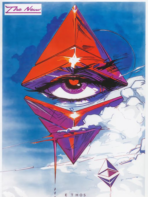 A surreal digital artwork featuring a large red and purple triangular structure with a single eye, with text reading "The New" at the top and "ETHOS" at the bottom.