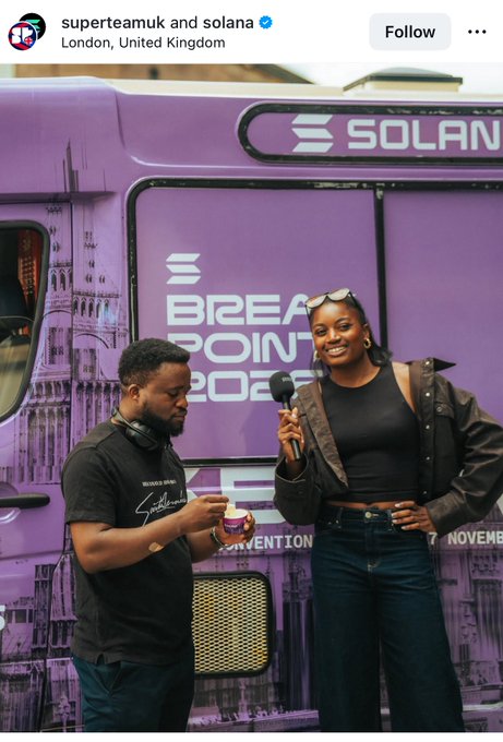 Instagram post from @superteamuk and solana (London, United Kingdom) showing two people standing in front of a purple Solana-branded vehicle at Breakpoint 2022.