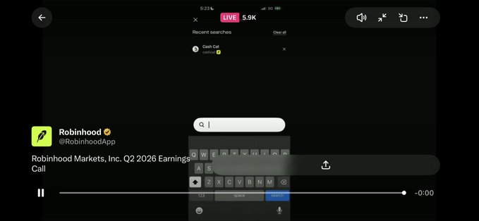 The image shows a paused video on X of Robinhood Markets (Q2 2026 Earnings Call) with the keyboard open and a recent search for "Cash Cat" ($CASH) visible at the top, supporting the post's claim that Vlad had to clarify his stance on memes after $Cash Cat was the only recently searched meme during the live stream.