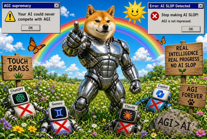 A meme image featuring a muscular Doge in armor pointing upward in a field with rainbows, surrounded by wooden signs reading 'TOUCH GRASS', 'REAL INTELLIGENCE REAL PROGRESS NO AI SLOP', and 'AGI FOREVER', while smaller robots labeled ChatGPT, Gemini, Copilot, and Claude are marked with red Xs, and pop-up boxes warn about 'AGI supremacy' and 'AI SLOP'.