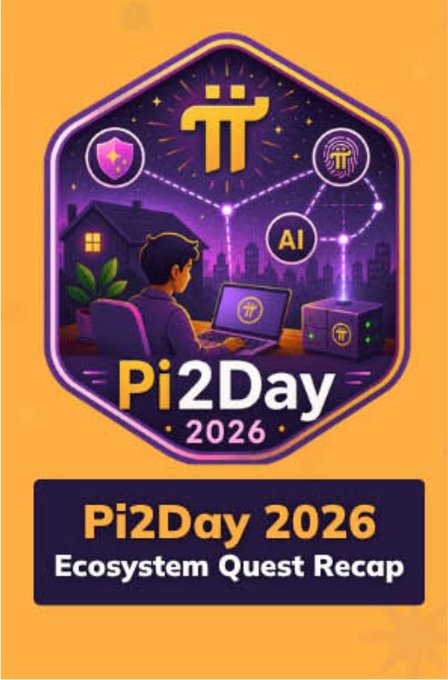 A promotional graphic for 'Pi2Day 2026: Ecosystem Quest Recap' featuring a hexagonal badge with a person at a laptop surrounded by crypto and AI symbols.