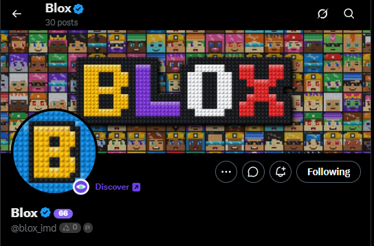 A social media profile page for Blox with the handle @blox_imd, verified badge, and 68 followers, showing a banner of pixelated avatars and a circular profile image of a blocky 'B' character.