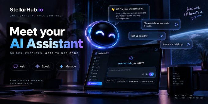 A promotional graphic for 'StellarHub.io' advertising their 'AI Assistant' with features like 'Ask', 'Speak', and 'Manage', displayed over a futuristic background with a glowing orb.