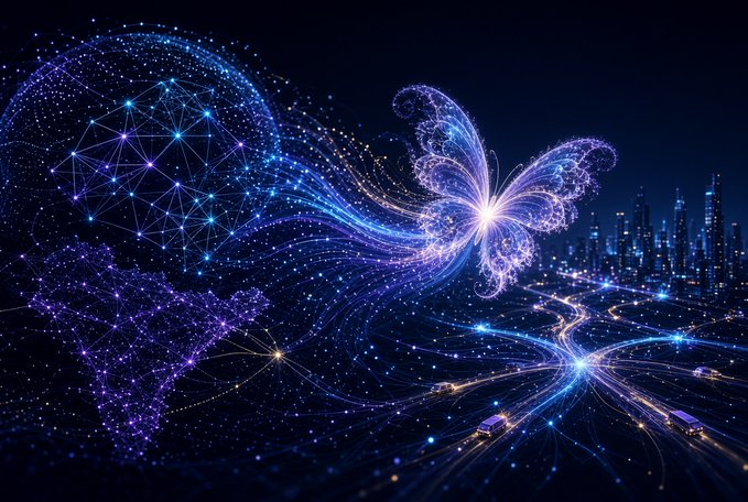 A digital artwork of a luminous fractal butterfly in blue and purple with a wireframe sphere, set above a glowing cityscape and network-like highway.