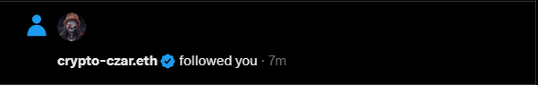 A notification from 'crypto-czar.eth' showing that the user has been followed, displayed with ENS avatar icons.