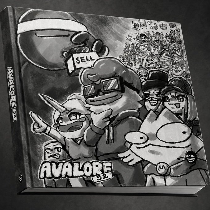 A black-and-white illustrated hardcover book titled "AVALORE '52" features cartoon characters holding a "SELL" sign, a crowd of varied figures, and a "S" logo on the spine, representing the physical compilation book celebrating the first year of the Avalore newsletter.