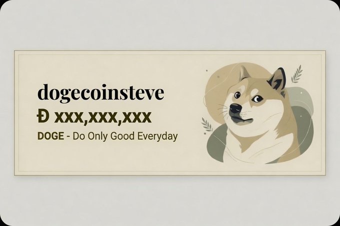 The image is a profile banner featuring a Shiba Inu illustration alongside the text "dogecoinsteve," a DOGE ticker with a placeholder balance of "XXX,XXX,XXX," and the motto "DOGE - Do Only Good Everyday." It visually reinforces the post's "Do Only Good Everyday" message, echoing the Doge community's positive spirit.
