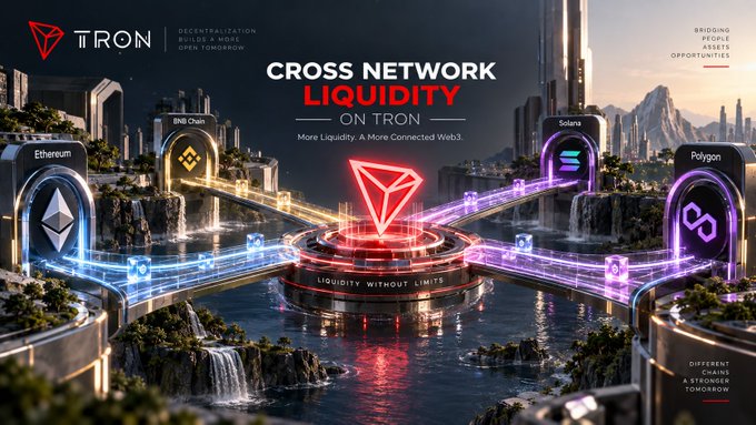 A futuristic digital illustration for TRON titled "CROSS NETWORK LIQUIDITY ON TRON" featuring glowing bridges connecting TRON to Ethereum, BNB Chain, Solana, and Polygon.