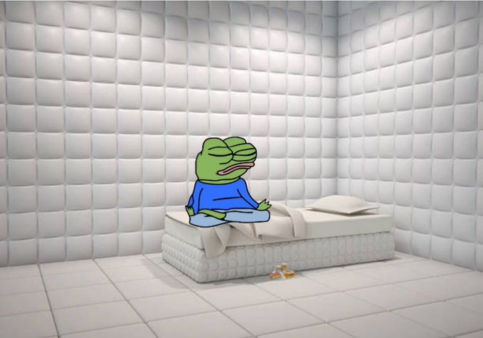 A cartoon Pepe the Frog in a blue shirt sits cross-legged in a meditative pose on a mattress inside a padded white room.