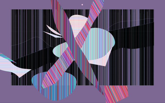 Abstract digital artwork with glitch-art aesthetics, showing vertical pink, blue, and white stripes overlaid on dark geometric shapes.