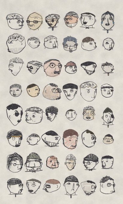 Grid of hand-drawn cartoon faces with varying hairstyles, glasses, and expressions.