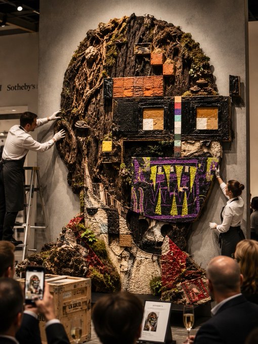 Two art handlers in white shirts install a large, textured mixed-media portrait of a head with a colorful 'm' mouth, displayed at a Sotheby's auction with onlookers watching.