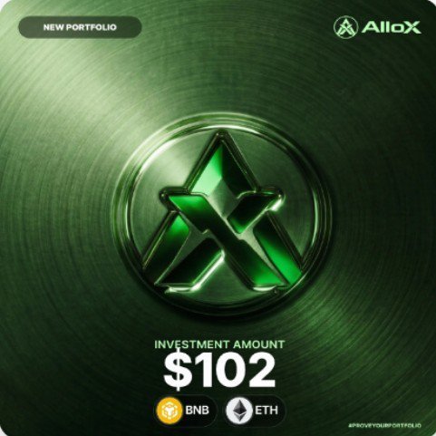 An AlloX promotional image displays 'NEW PORTFOLIO' with an investment amount of '$102' in BNB and ETH cryptocurrencies against a green metallic background.