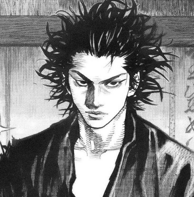 A black and white manga panel featuring a male character with wild, spiky black hair and an intense, serious expression.