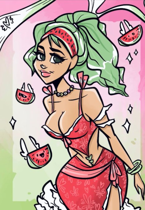 An illustrated character with green hair and a watermelon-patterned outfit and headband, surrounded by floating watermelon slices on a pink and green background with the signature 'EVE'.