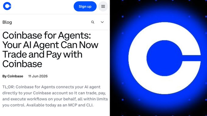 The image displays a screen with text in both black and blue colors, featuring a logo for Coinbase and the text "Your AI Agent Can Now Trade and Pay with Coinbase". The screen also has some information about an upcoming feature that enables users to trade on their own terms or use automated trading tools.