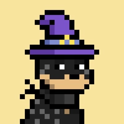 A pixel art character wearing a purple witch hat with a curled tip, black mask, and dark clothing against a beige background.