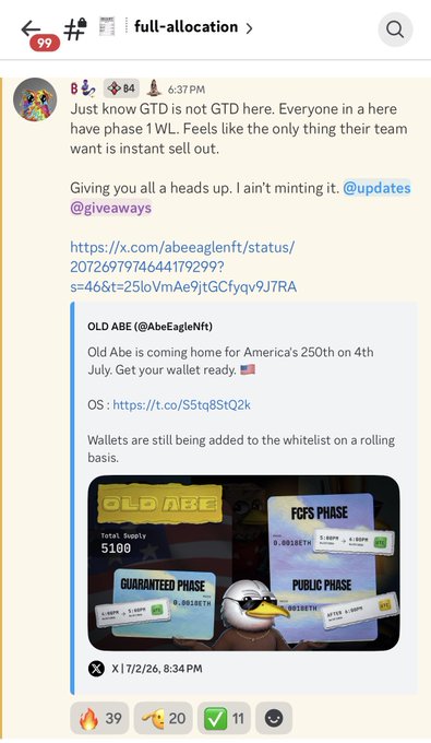 A Discord post in the #full-allocation channel warns that "GTD is not GTD" and references the OLD ABE (@AbeEagleNft) FCFS Phase distribution, noting an overallocation issue with 5100 total supply as confirmed by collection CM Krish, prompting the author to disclose the lack of payment for their promotion.