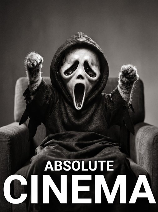 A black-and-white poster of the Ghostface character seated in an armchair with both hands raised, overlaid with the large text “ABSOLUTE CINEMA.”