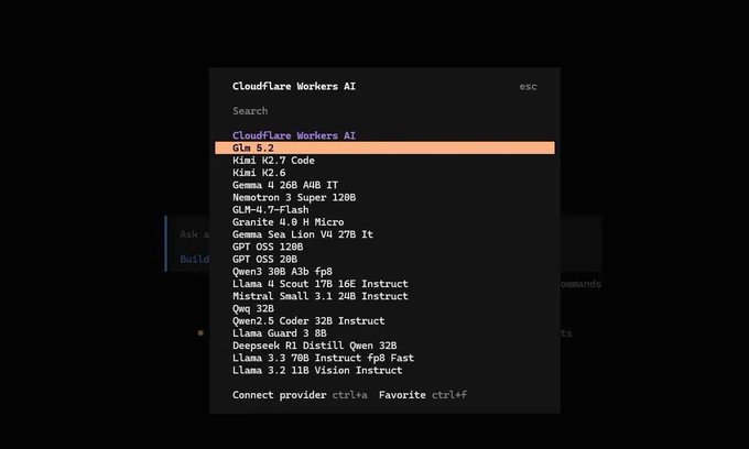 A dropdown menu showing Cloudflare Workers AI models, with "GLM 5.2" highlighted at the top of the list, confirming the availability of GLM 5.2 on the Cloudflare platform.