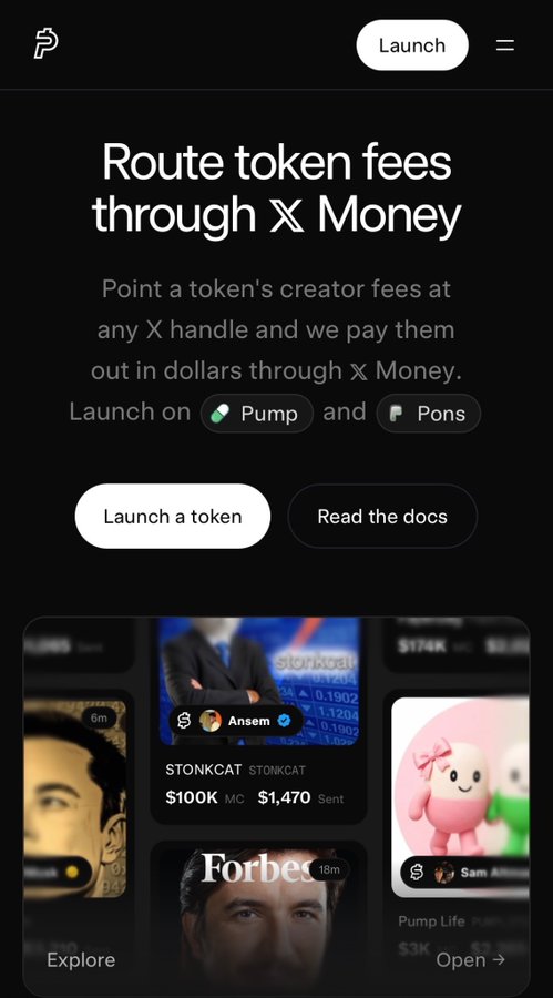 A webpage for 'Pump' announcing the feature to 'Route token fees through X Money', with a 'Launch a token' button and screenshots of tokens like $TONKCAT.
