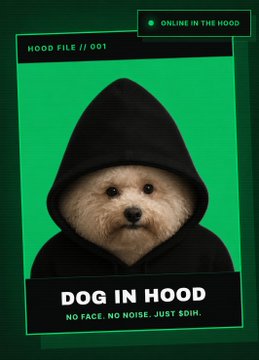 Green poster titled "HOOD FILE // 001 - DOG IN HOOD - NO FACE. NO NOISE. JUST $DOG." featuring a small dog wearing a black hoodie with "ONLINE IN THE HOOD" label at the top.