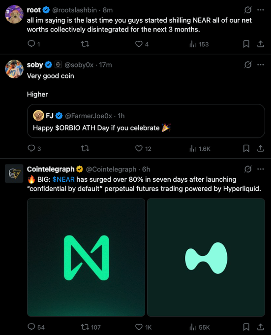 A Twitter feed showing posts from rooot, soby, FJ, and Cointelegraph, including a Cointelegraph tweet about $NEAR surging over 80% in seven days, featuring NEAR Protocol and Hyperliquid logos.