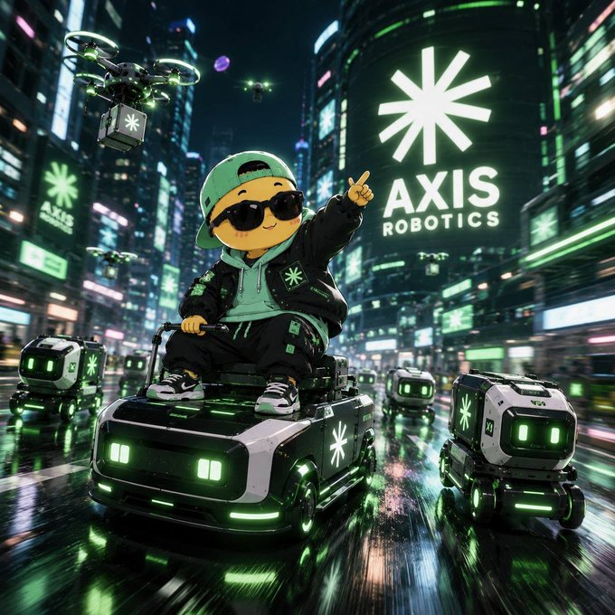 A digital illustration of a chibi character in a green hoodie and sunglasses sitting on a robotic vehicle in a cyberpunk city, pointing at a glowing 'AXIS ROBOTICS' sign with delivery drones nearby.