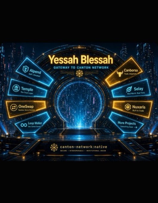 A digital graphic titled 'Yessah Blessah' presenting the 'Gateway to Canton Network' with the domain 'canton-network:native,' featuring interconnected nodes like Alpend, Temple, OneSwap, Loop Wallet, Canborsa, Selay, Nuxaris, and 'More Projects.'