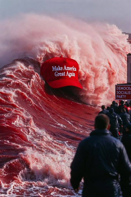 A satirical image shows a massive red wave resembling blood crashing down, with a red 'Make America Great Again' hat embedded in it and a 'DEMOCRATIC SOCIALIST PARTY' sign visible on the right.