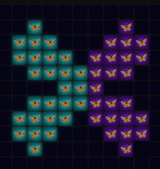 The image features a grid of squares with butterflies colored in blue, orange, and purple. The butterflies are arranged in two rows, one above the other, creating a visually appealing pattern. The butterflies are positioned at various locations within each row, adding depth and dimension to the scene. The image is shared on social media platforms, where it has gained attention due to its unique design and vibrant colors.
