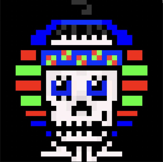A pixel art illustration of a white skull wearing a colorful Native American-style headdress with blue, red, and green feathers, set against a black background.