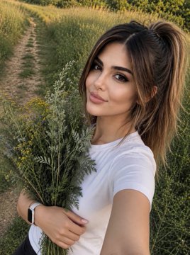A young woman with brown hair holds a freshly picked bouquet of yellow wildflowers in a sunlit field, smiling softly at the camera. Her natural, serene presence echoes the post's message of returning to oneself and embracing fresh, grounding energy on a new day, complementing the "1/1 Edition 33 xtz" NFT listing on objkt.com.