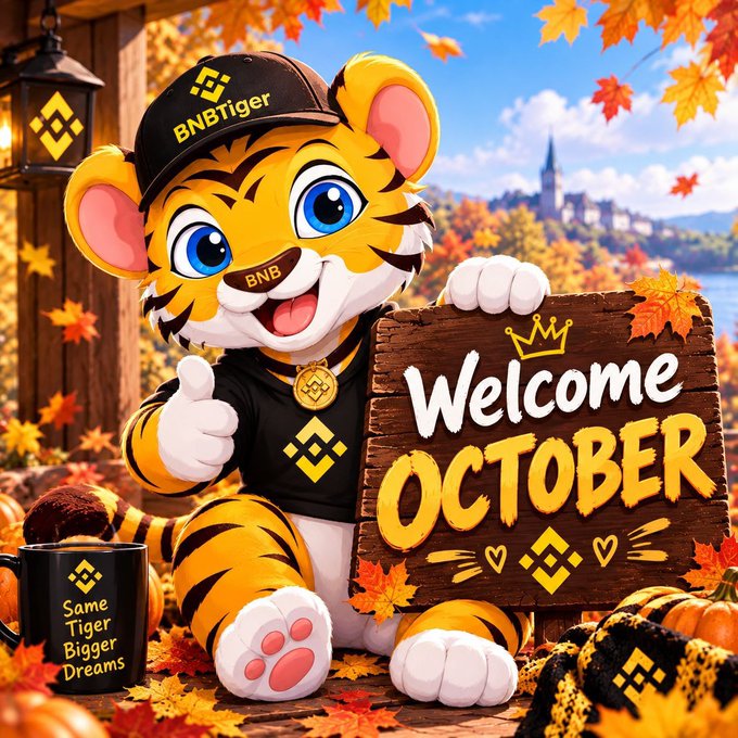 A 'BNBtiger' cartoon character wearing a cap and BNB necklace holds a 'Welcome OCTOBER' sign next to a 'Same Tiger Bigger Dreams' mug, surrounded by fall foliage.