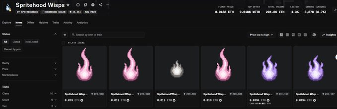 Screenshot of the Spritehood Wisps NFT collection page on the blockchain, showing pink flame-themed tokens with 0.0180 ETH floor price, 44,444 total items, and 4.3% listed.