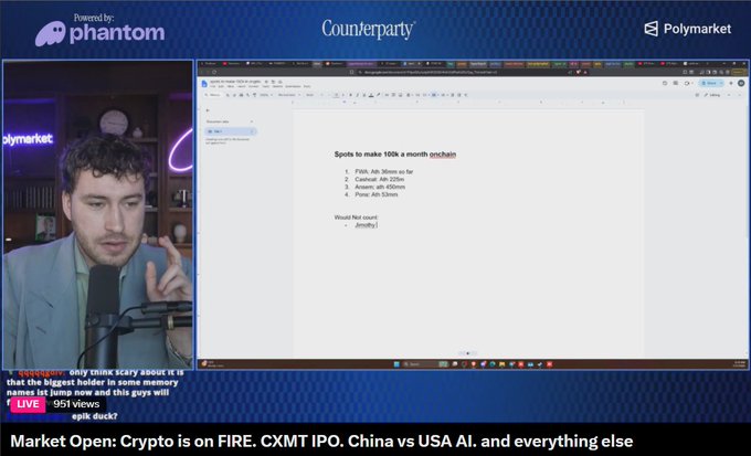 A man streams a video titled "Market Open: Crypto is on FIRE. CXMT IPO. China vs USA AI. and everything else," with a document on screen listing goals to "make 100k a month onchain" through Polymarket, Pnls, Content, Answers, and Flows. The stream aligns with the post's message by offering viewers real-time crypto market insights and alpha instead of scrolling through TikTok.